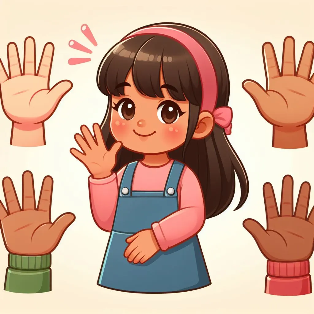 a little girl standing in front of a group of hands