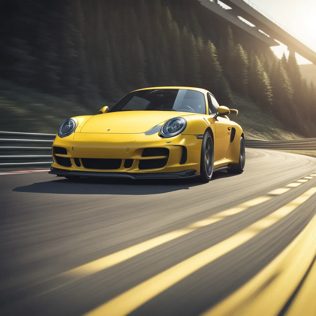 a yellow sports car driving down a road