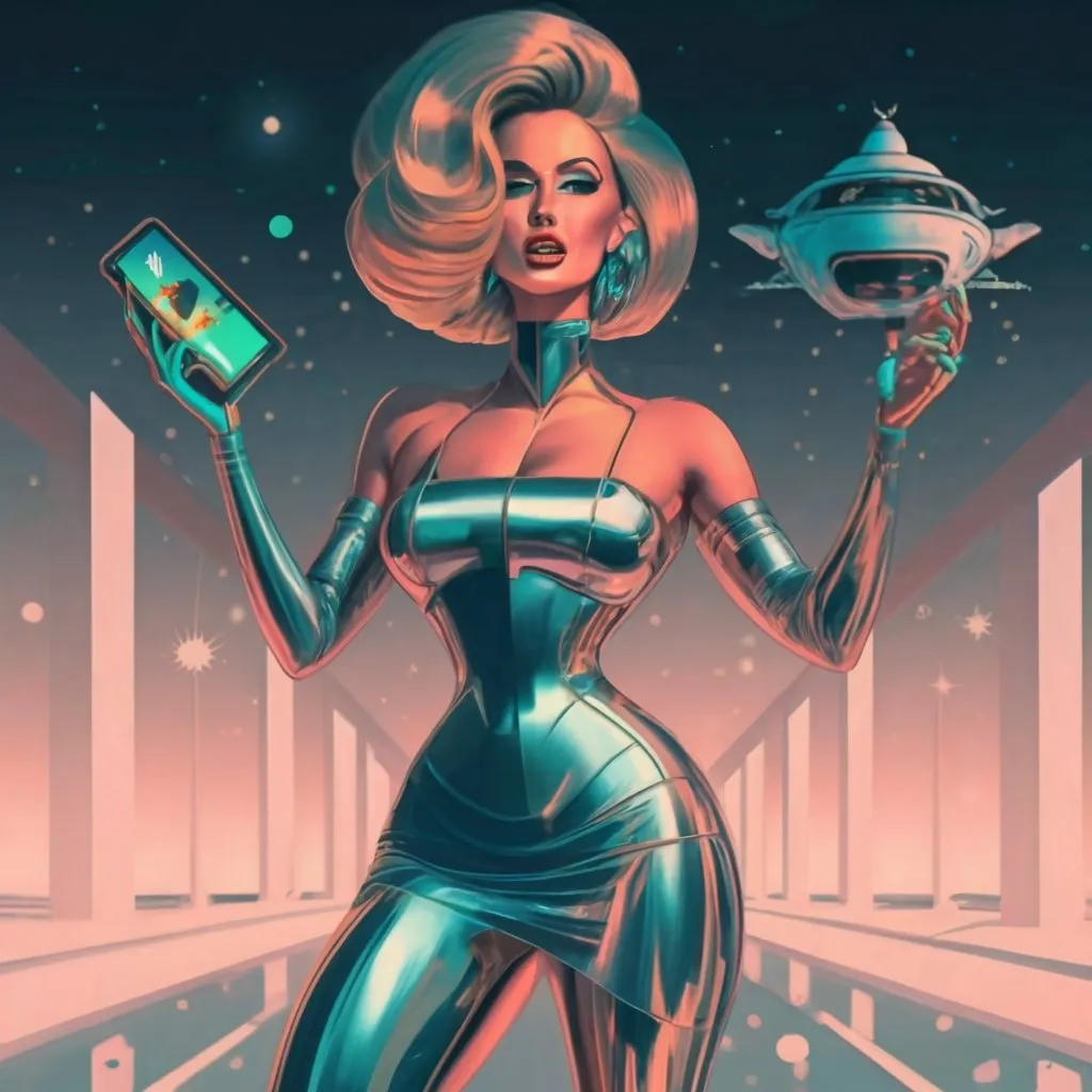 a woman in a futuristic suit holding a cell phone