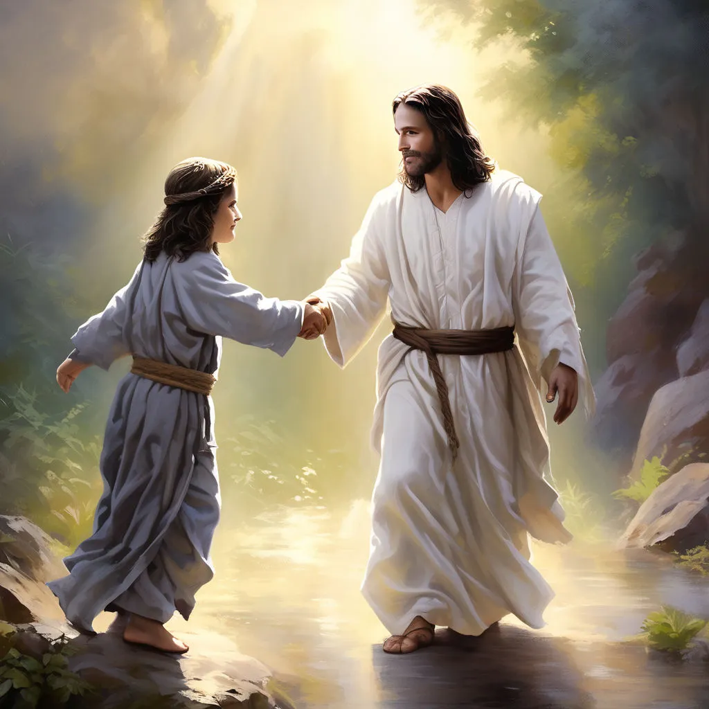 a painting of jesus and a woman holding hands