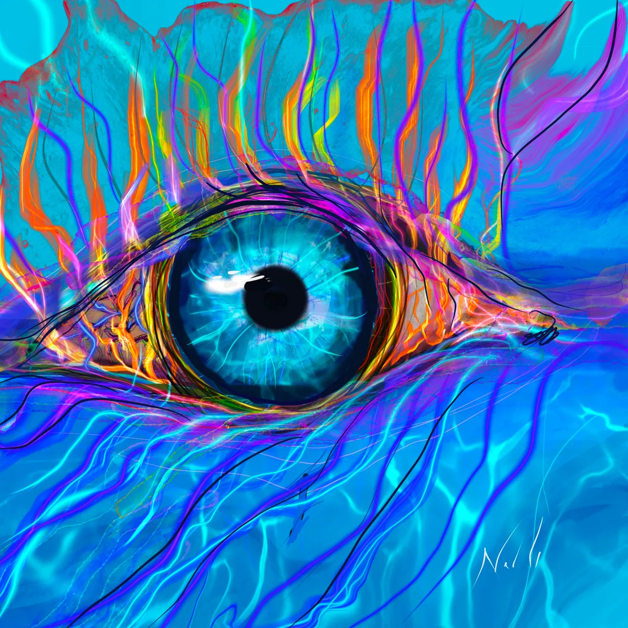 a close up of a blue eye with colorful lines closing and opening 