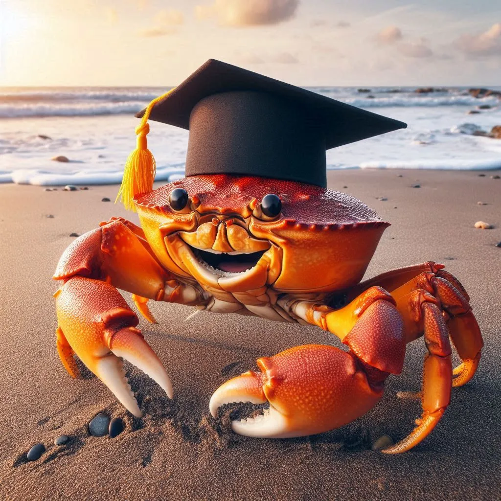 a crab in a graduation cap on the beach