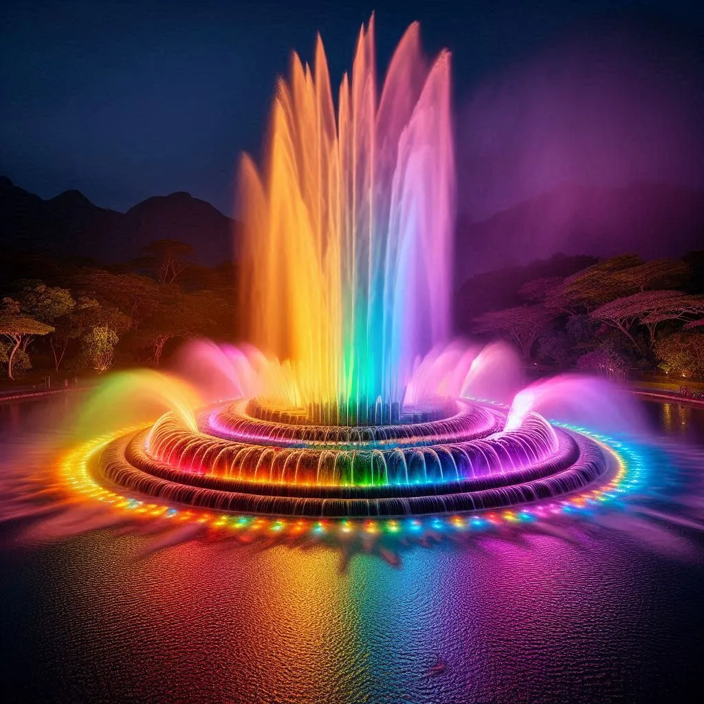 a brightly lit fountain in the middle of a body of water