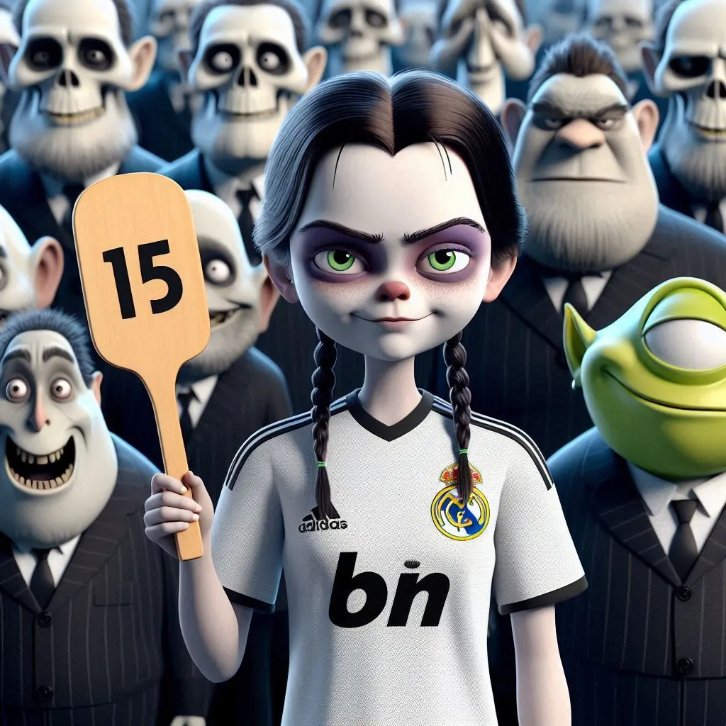 Wednesday Addams holds a sign with the number fifteen, several monsters behind watching everything very funny in digital 3d