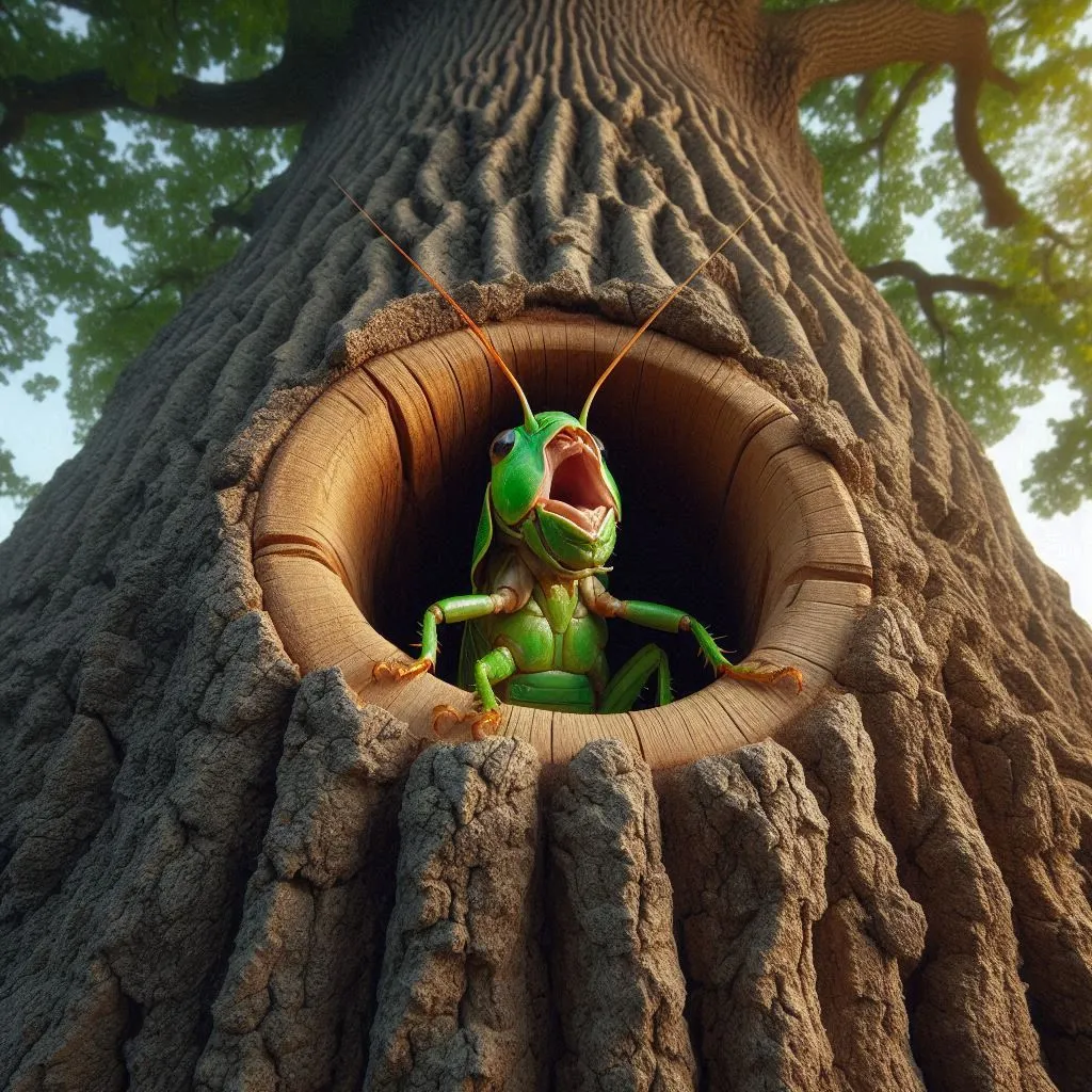 a green frog sitting inside of a hollow in a tree