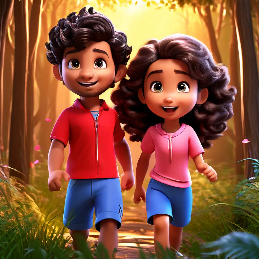 a boy and a girl walking through a forest, make them walk 