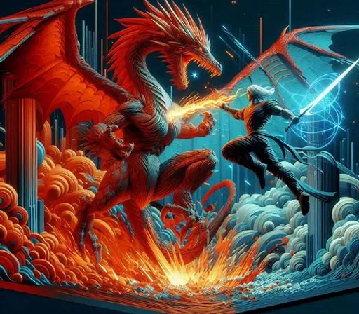 a painting of two people fighting over a dragon