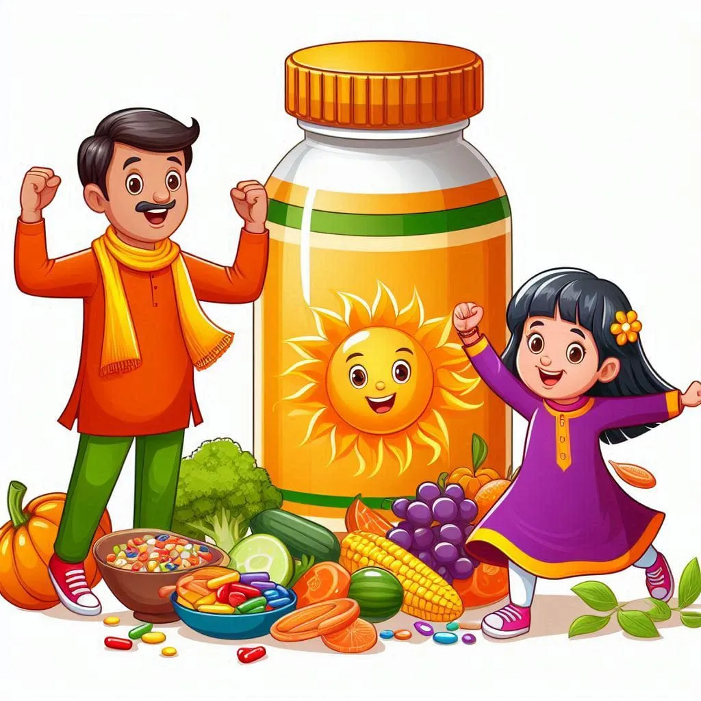 a boy and a girl standing next to a jar of sunflowers