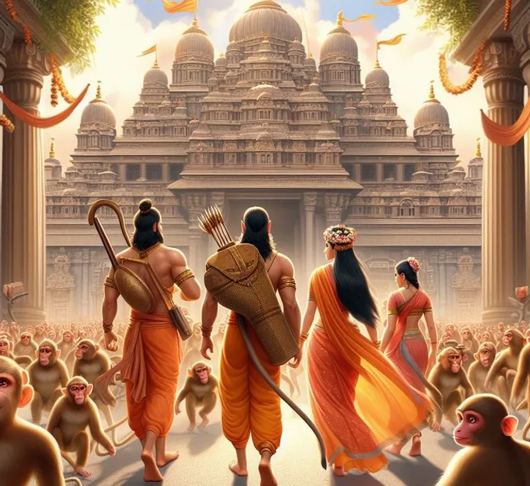 a painting of a group of people walking in front of a temple