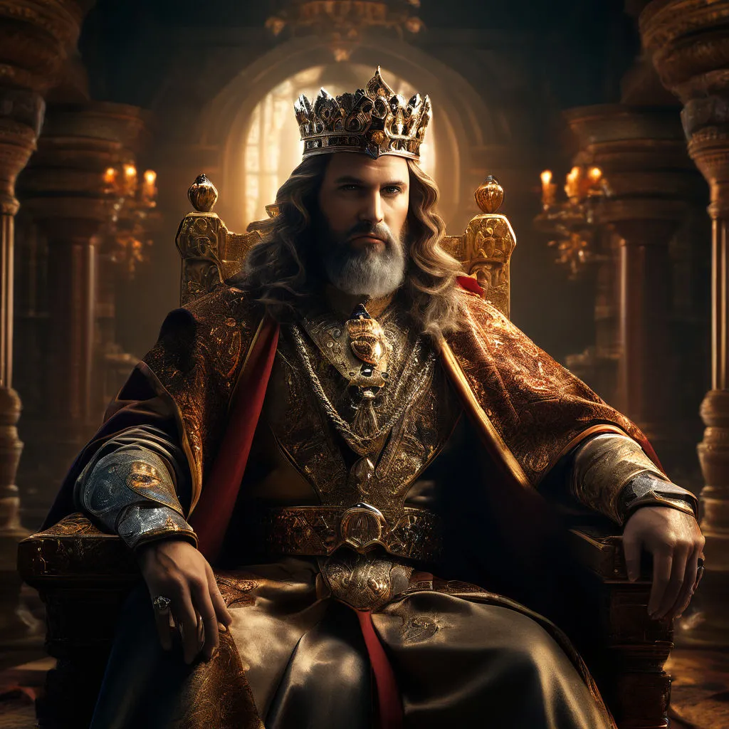 a man with a crown sitting in a chair