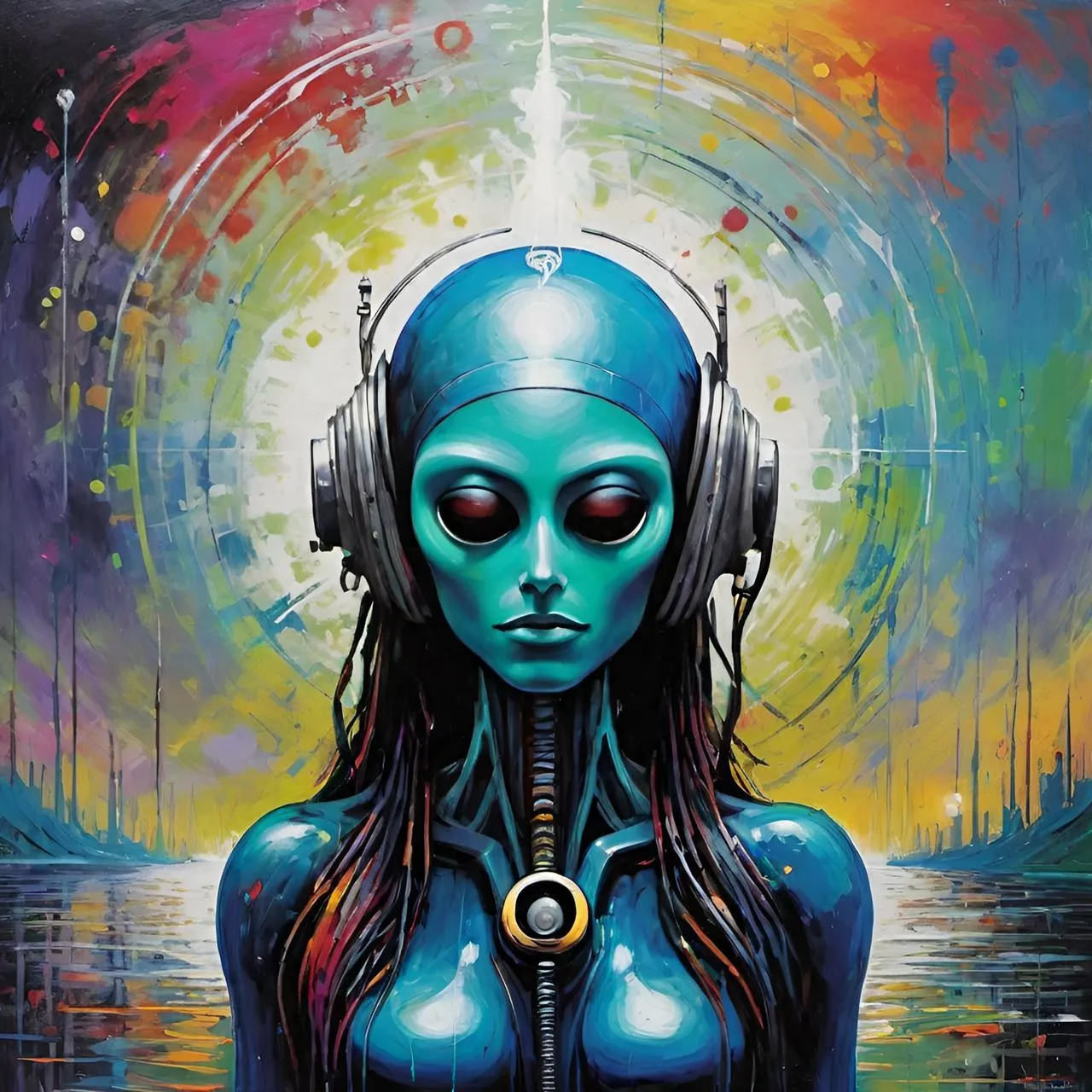 a painting of a woman with headphones on