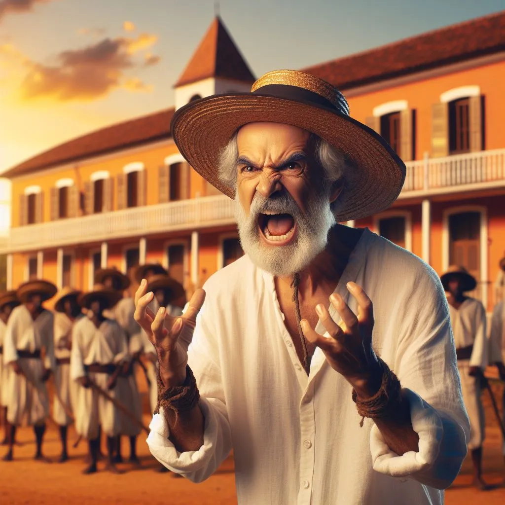 a handsome Spanish man in a hat and white shirt angry standing in front of a group of men