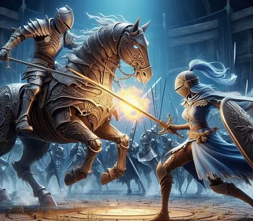 a painting of a knight fighting a knight on a horse