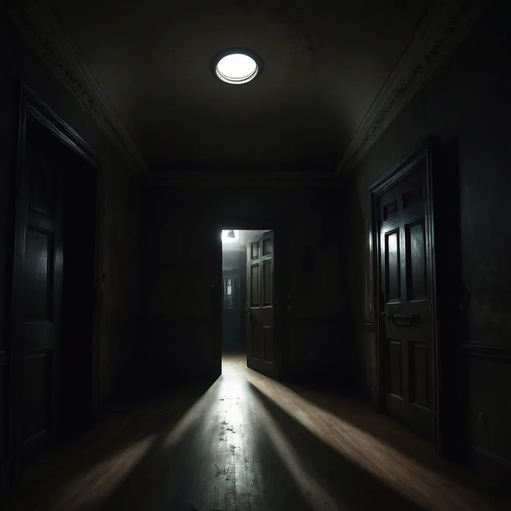 a dark hallway with two doors leading to another room