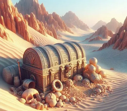 a painting of an old chest in the desert