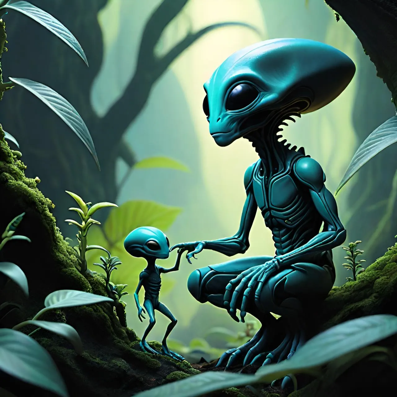 an alien and a baby alien in a forest