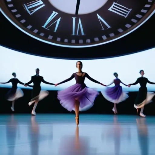 a group of dancers in front of a large clock