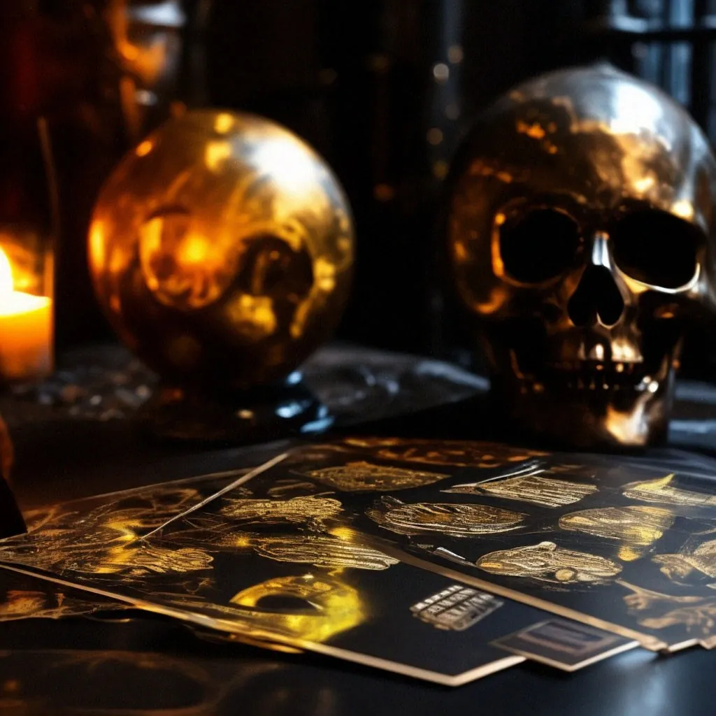 a table topped with skulls and cards next to a candle