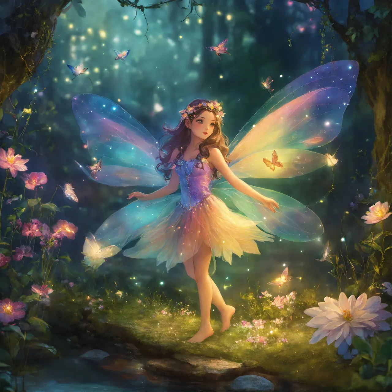 a little girl dressed as a fairy standing in a forest