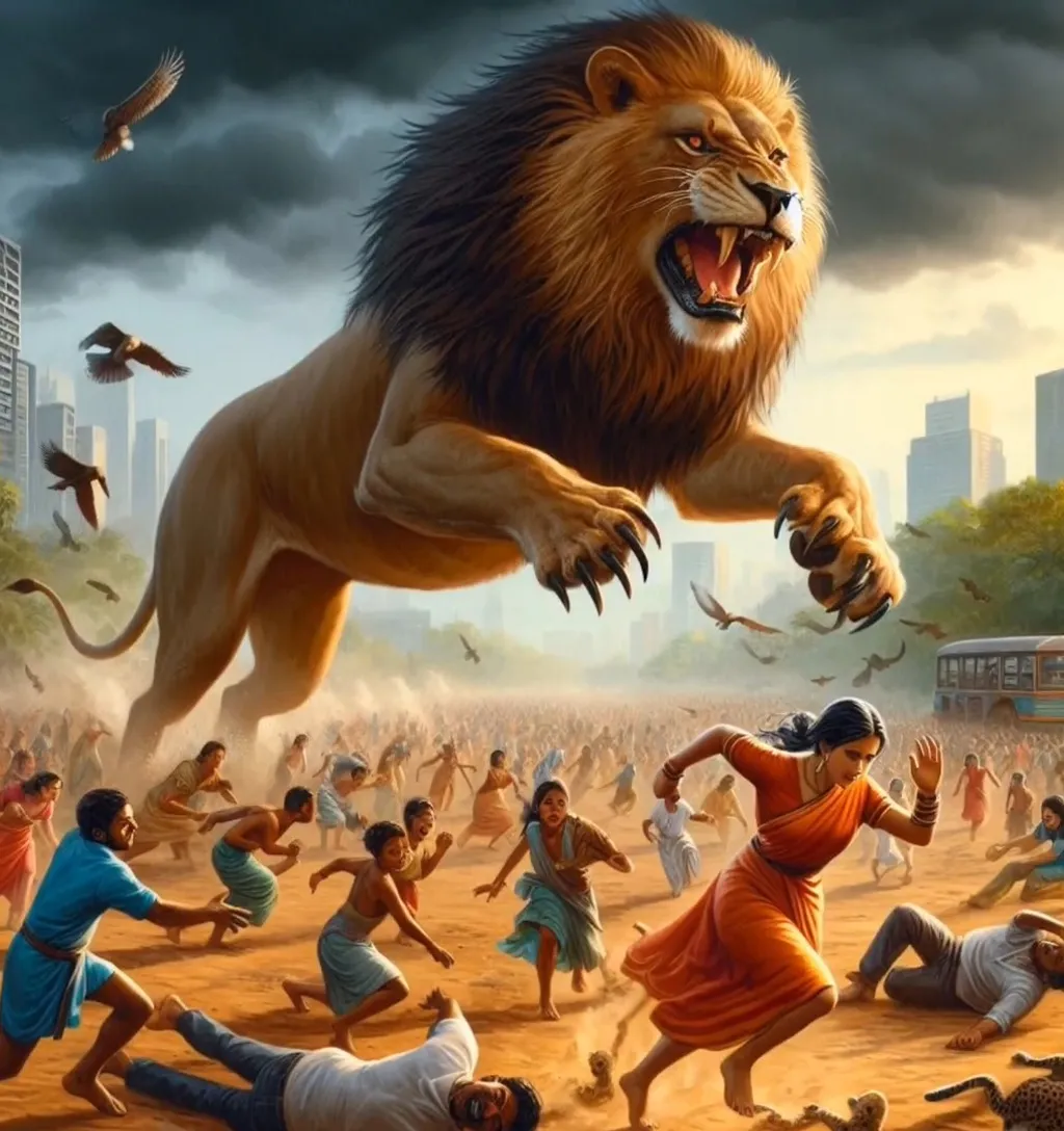 a group of people running away from giant lion