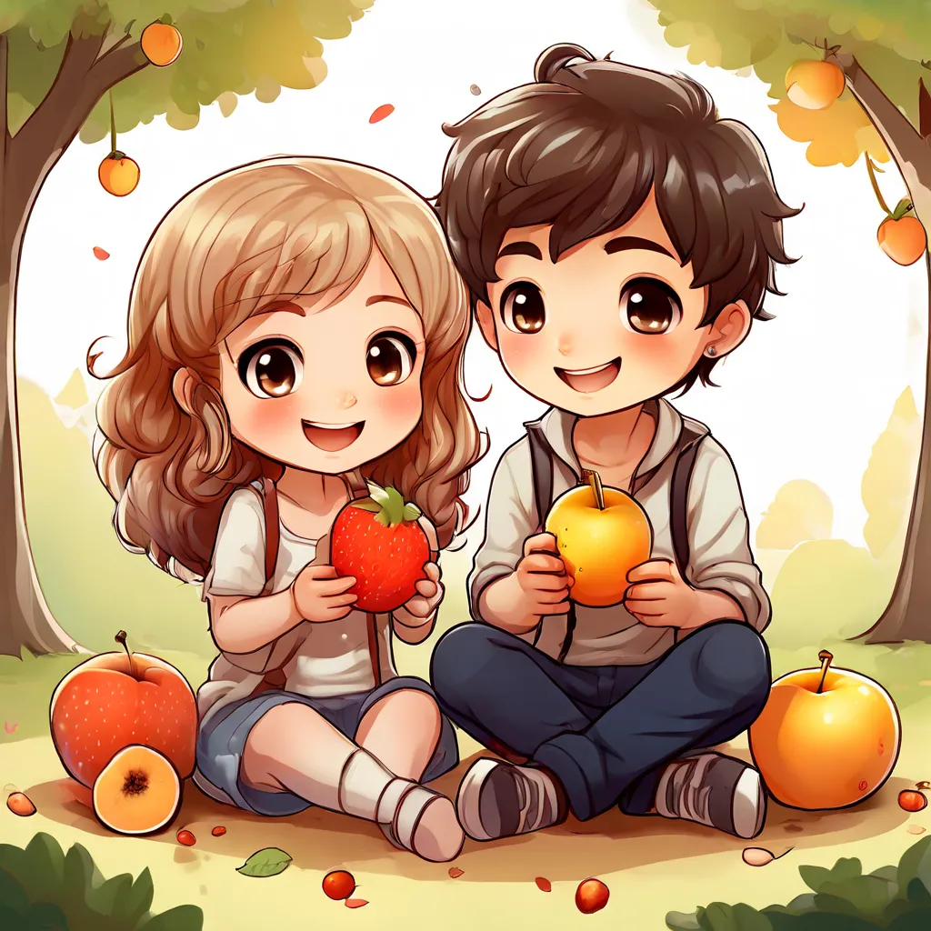 a boy and a girl sitting on the ground with apples