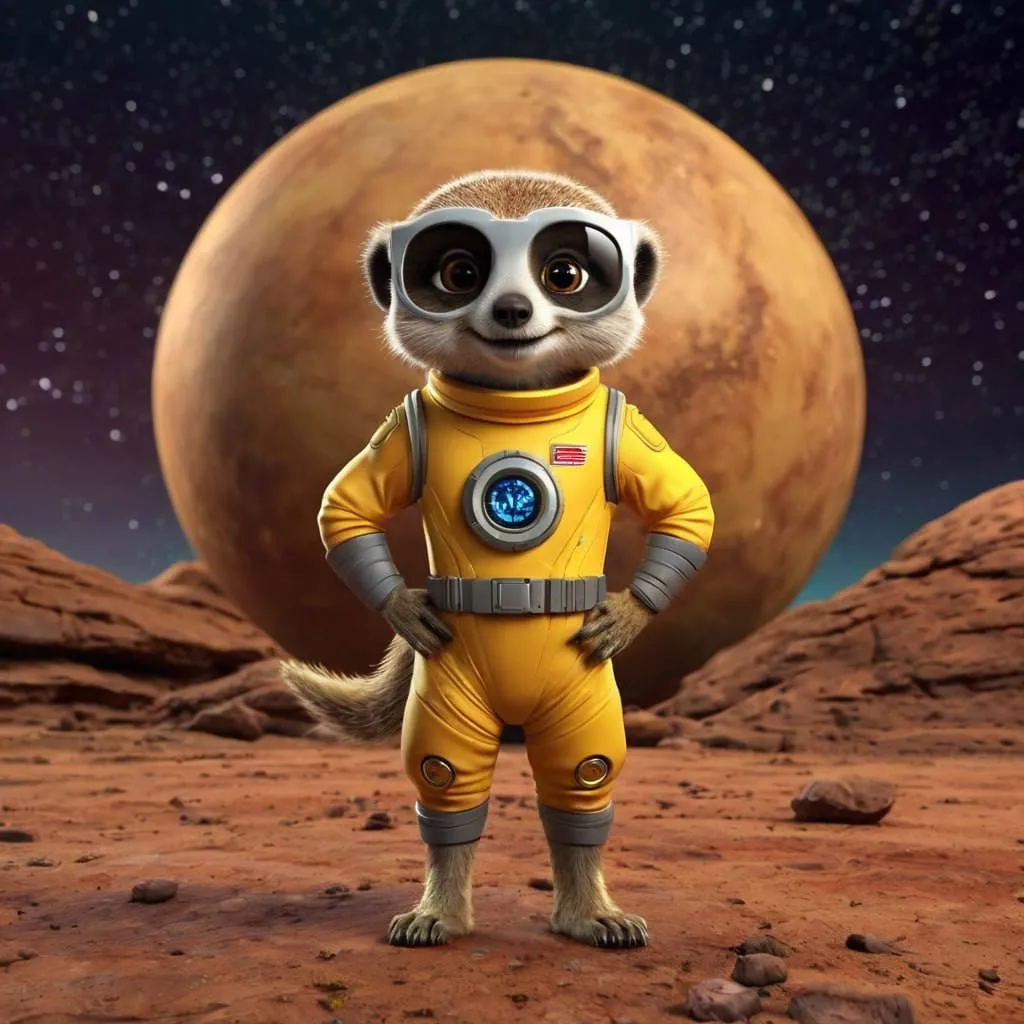 meerkat astronaut, sky, astronomical object, happy, art, space, landscape, sunglasses, personal protective equipment, eyewear