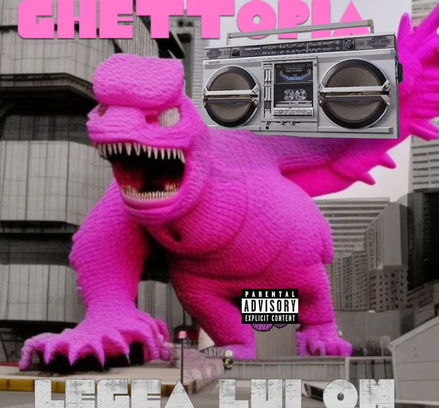 a pink monster with a boombox in its mouth