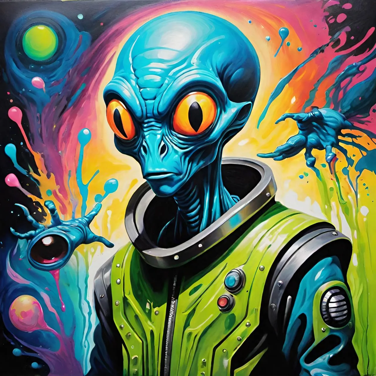 a painting of an alien with orange eyes