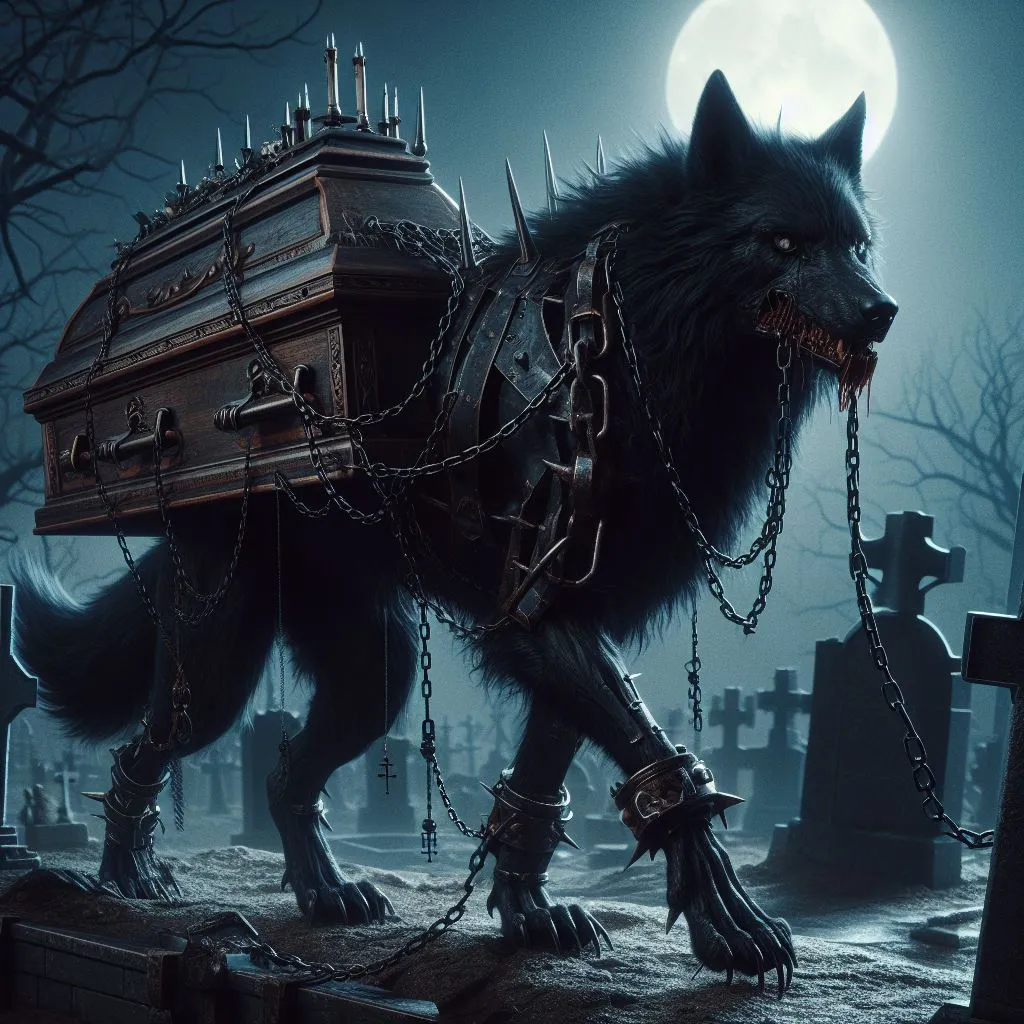 a wolf with chains and a coffin on it's back