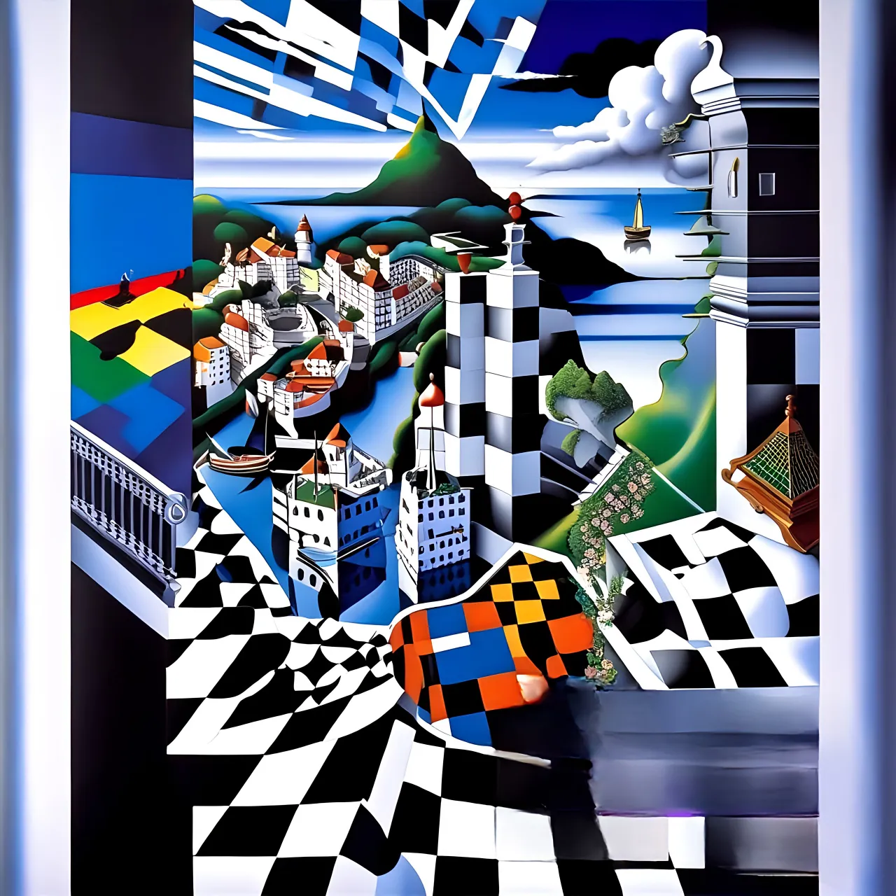 a painting of a city with a checkered floor