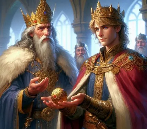 a painting of two men dressed as king and quee