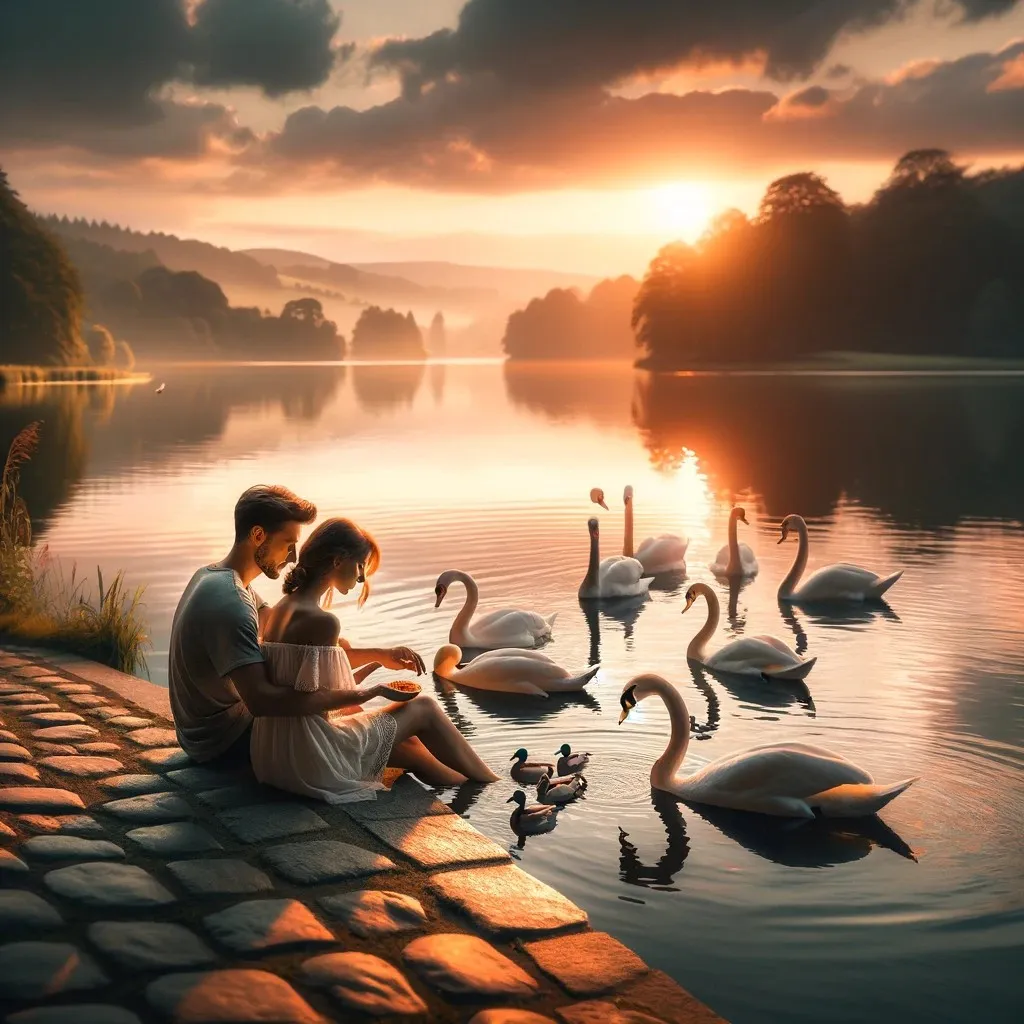 a man and a woman are sitting on the edge of a lake with swans