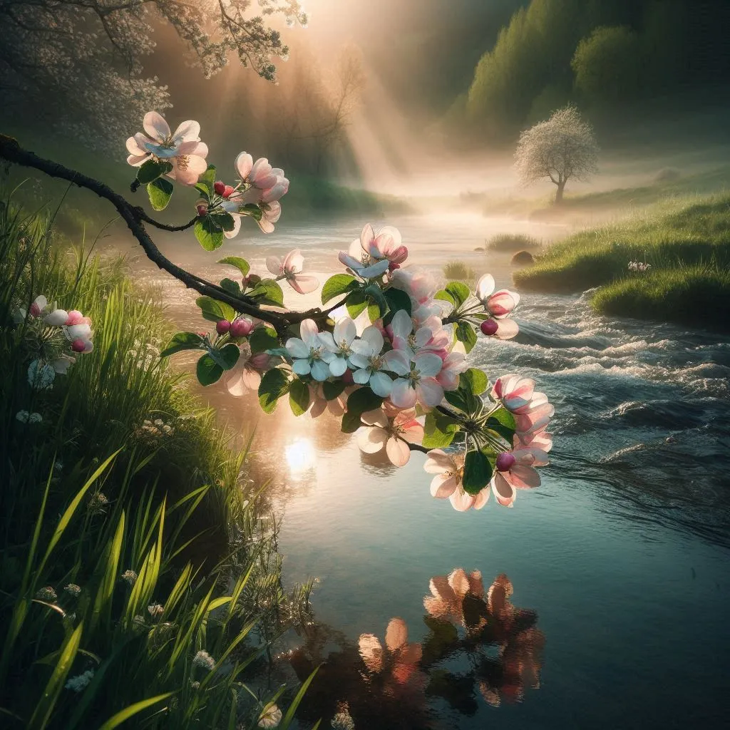 a painting of a river with flowers in the foreground, The background is motionless, ripples on the water and a slight movement of a branch in the wind