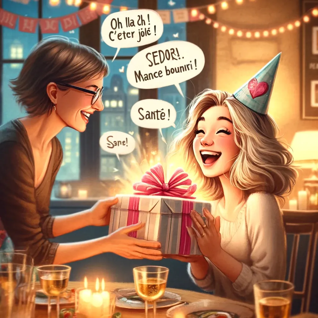 a cartoon of a woman giving a gift to a gri l