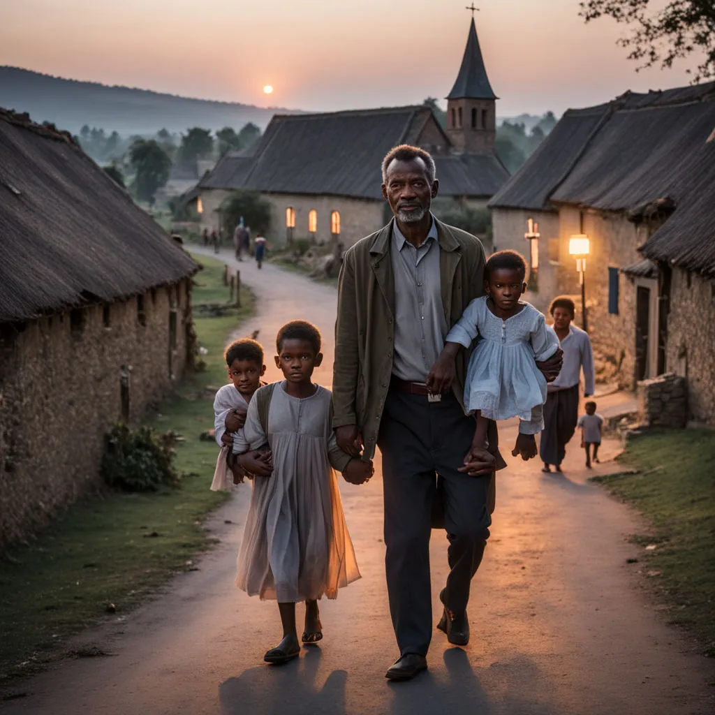 a man and two children walking down a road