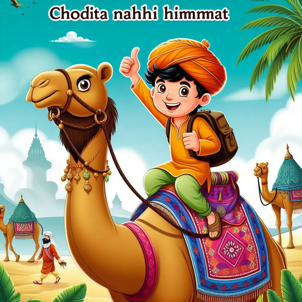 a boy riding on the back of a camel