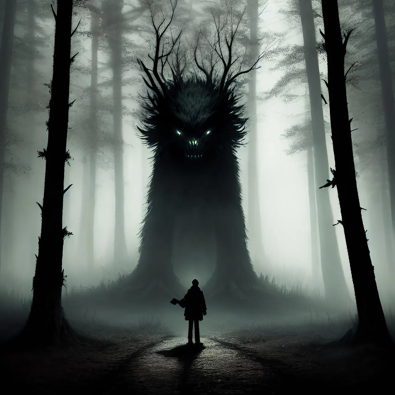 a man standing in the middle of a forest next to a giant monster