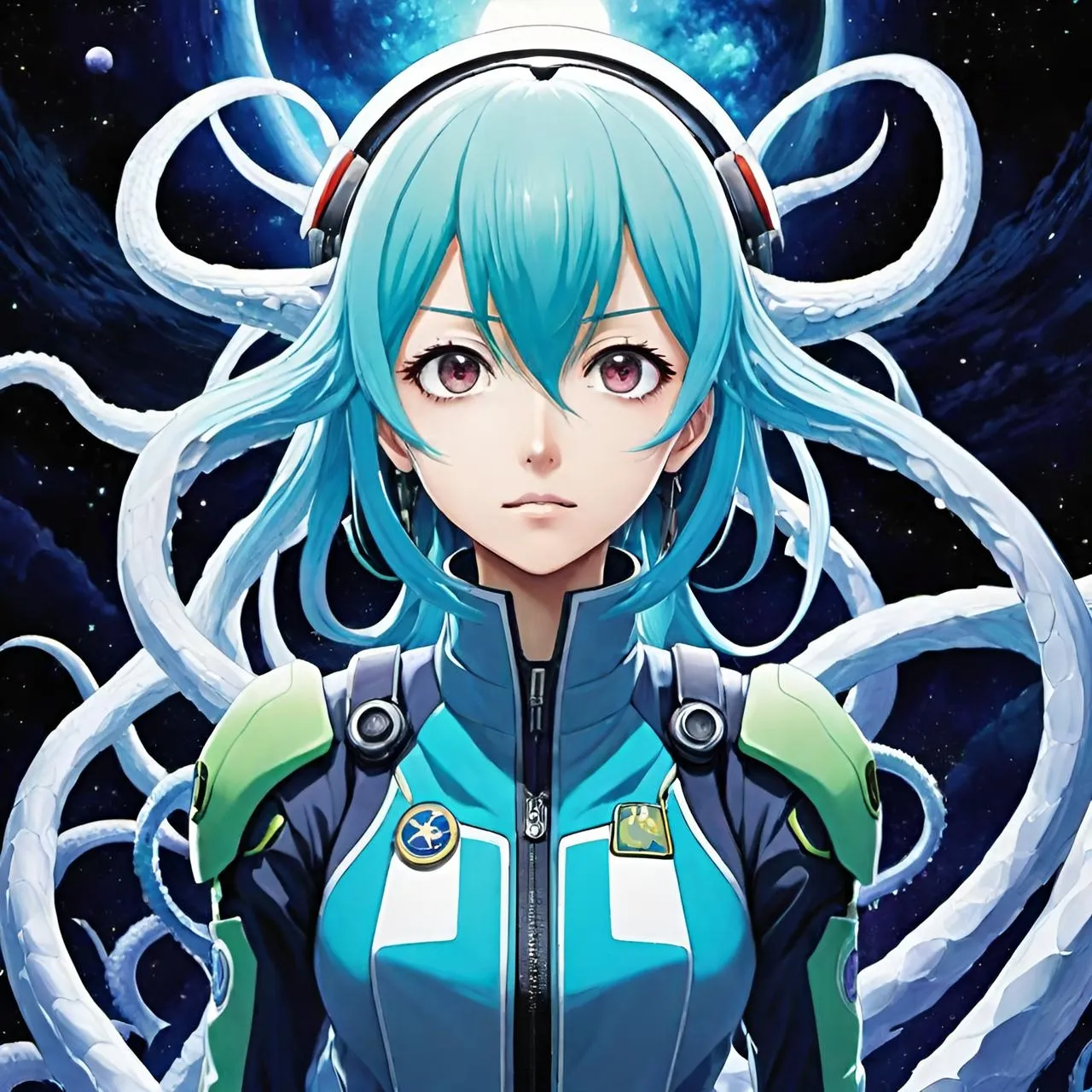 an anime character with blue hair and headphones