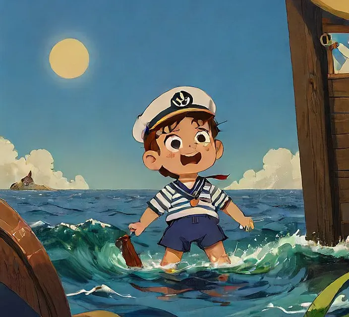 a boy in a sailor's outfit standing in a body of water