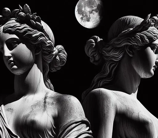 a black and white photo of two statues with the moon in the background