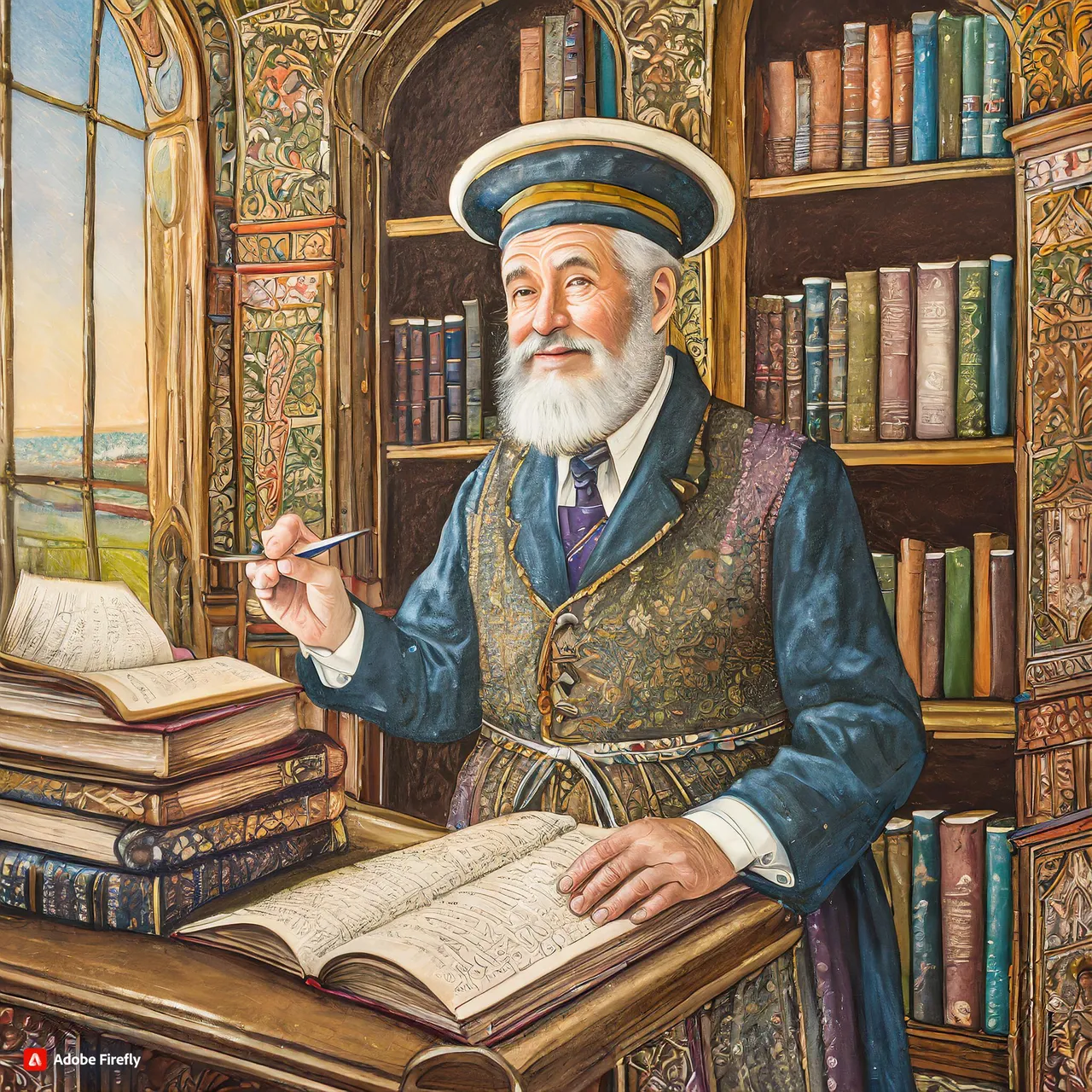 a painting of a man with a book and a pen