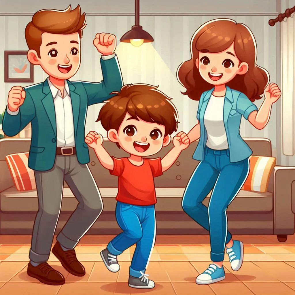 a family dancing in the living room