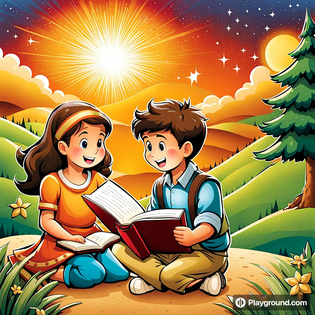 a boy and a girl reading a book in the forest