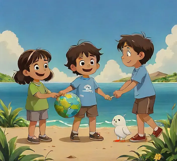 a group of children holding hands on a beach