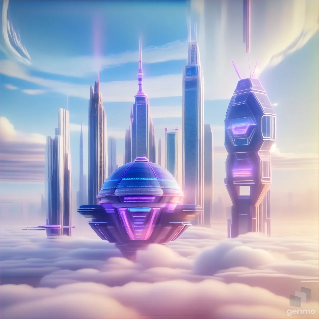 a futuristic city surrounded by clouds and skyscrapers