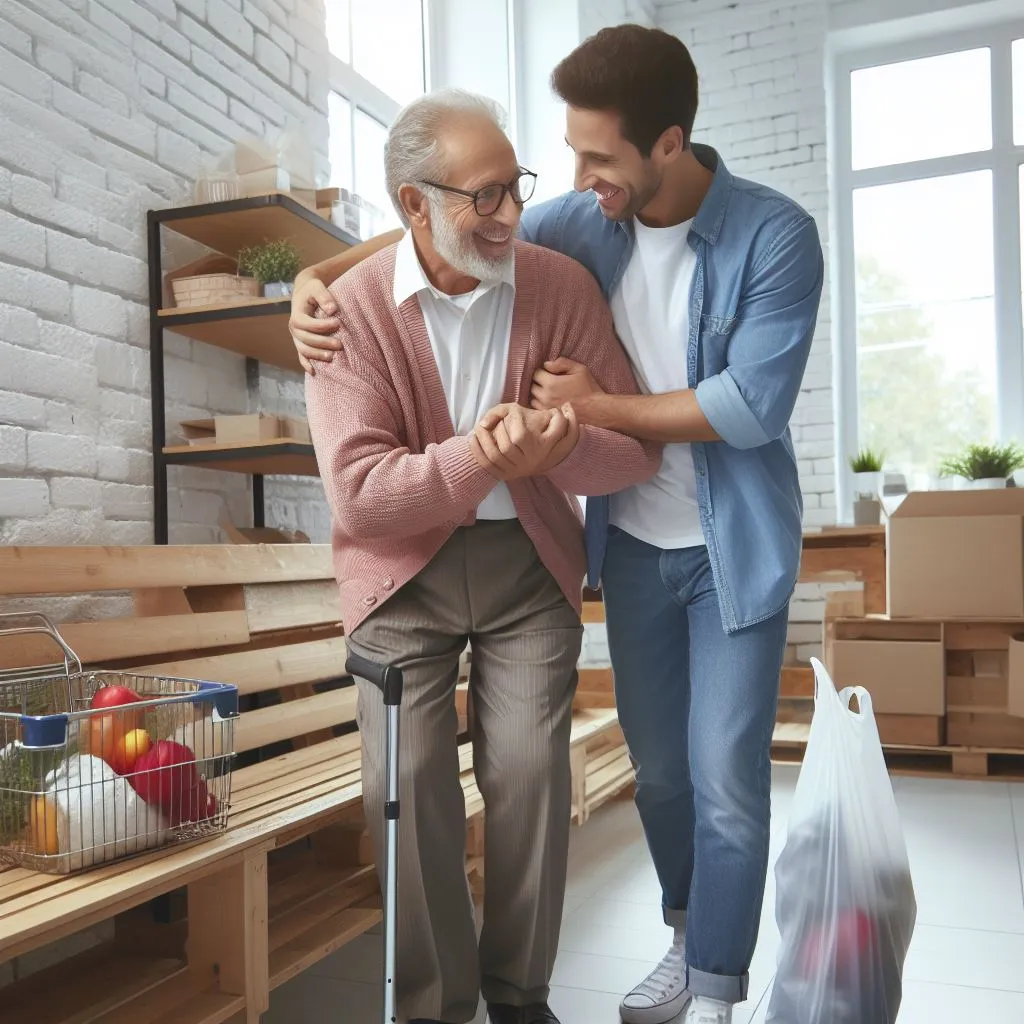 a man helps an elderly man carry the shopping, sharing a moment of joy and kindness.