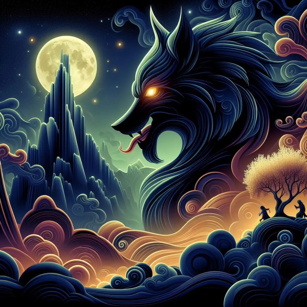 a painting of a wolf with a full moon in the background