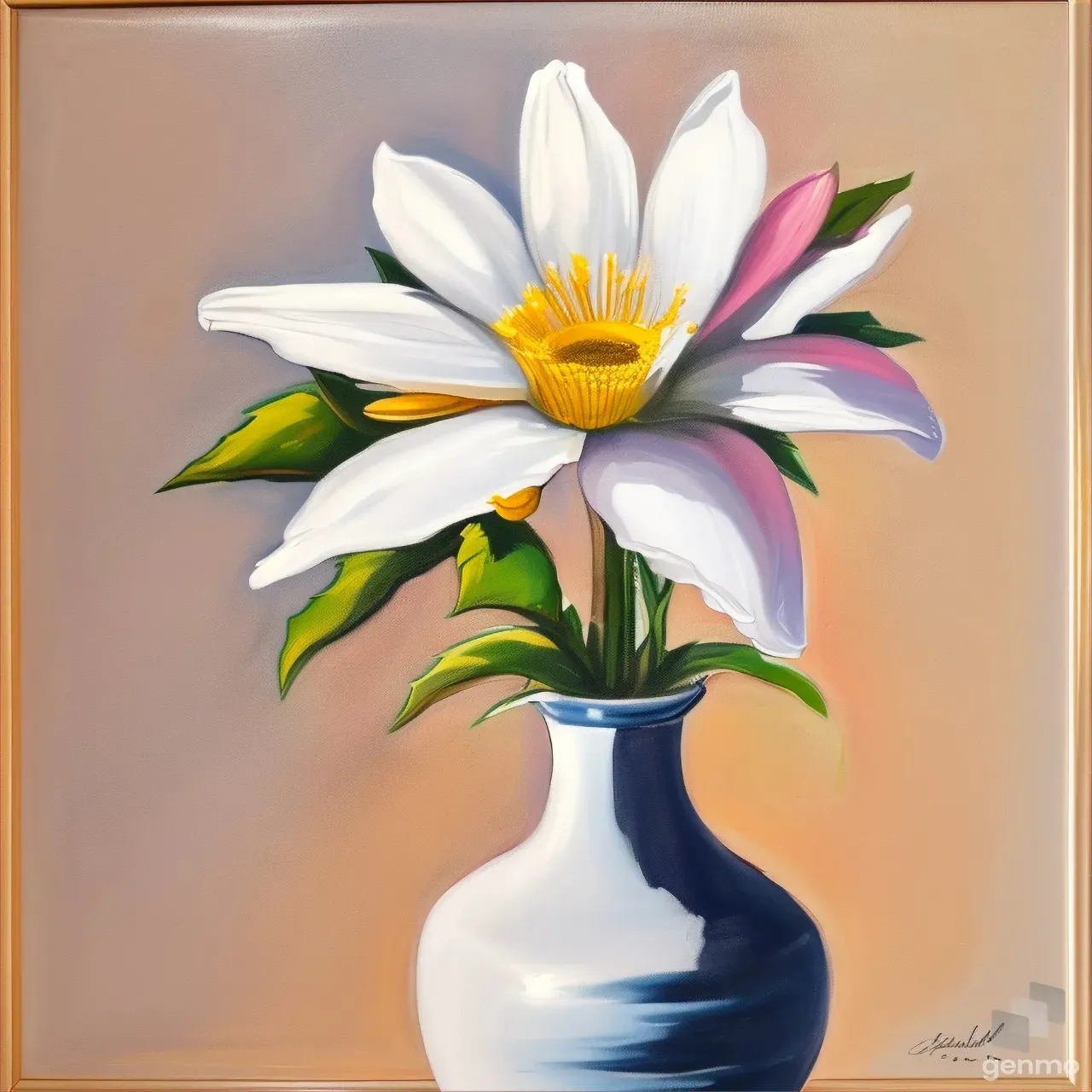 A white iris in a vase following the golden ratio, on a textured, monochromatic background.