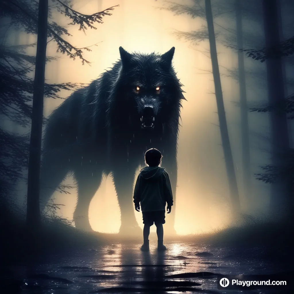 a person standing in front of a wolf in the woods