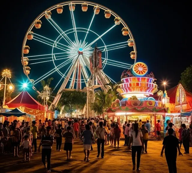 a carnival with a ferris wheel at night